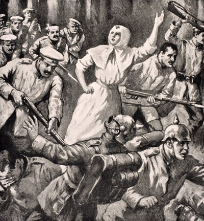 Venäläinen sairaanhoitaja Mira Miksailovitš Ivanoff johtamassa miehiä saksalaisia vastaan, 1915, Lontoossa vuonna 1916 julkaistusta The War Illustrated Album deLuxe -albumista. tekijältä English School