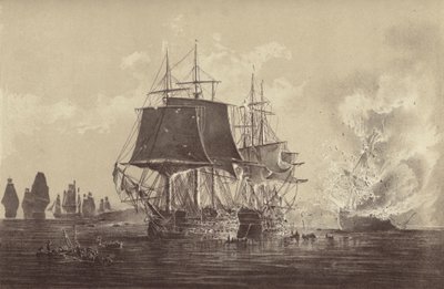 Venäläinen alus Vsevolod tuhoutui Venäjän laivaston läsnäollessa Ruotsin laivaston liitteenä ja kapteeni Thomas Byam Martinin komentaman HMS Implacablen kanssa Itämerellä 26. elokuuta 1808 (litho) tekijältä English School