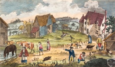 Maalaismainen pihamaisema (värillinen kaiverrus) tekijältä English School