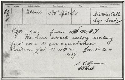 SOS-viesti, jonka venäläinen höyrylaiva Birma vastaanotti noin viisi minuuttia sen jälkeen, kun Titanic törmäsi jäävuoreen 15. huhtikuuta 1912 "The Sphereltä", 4. toukokuuta 1912. tekijältä English School