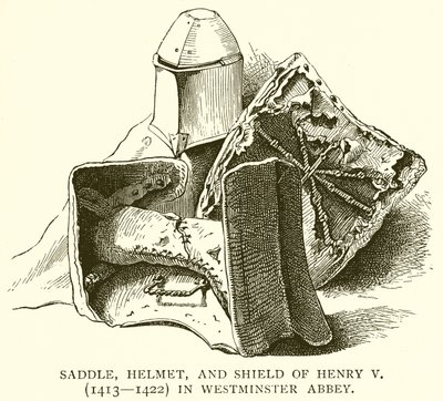 Henry V:n (1413--1422) satula, kypärä ja kilpi Westminster Abbeyssa tekijältä English School