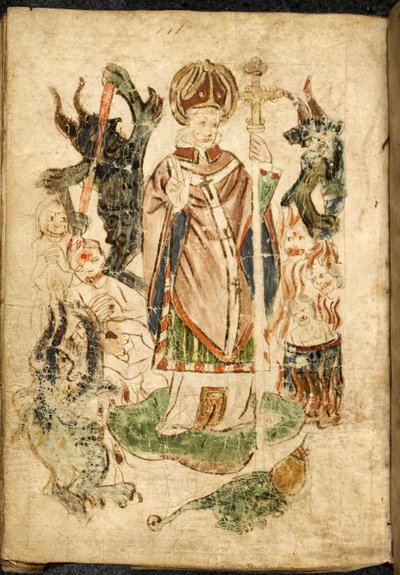 Pyhä Patrick piispanasussa, kädessään krusifiksi ja siunauksen ele, seisoo Lough Dergin saarella Donegalissa (Irlanti), demonien ja kiusattujen sielujen ympäröimänä. Kuva otettu kohteesta "Purgatory of Saint Patrick", englanninkielinen käsikirjoitus, m tekijältä English School