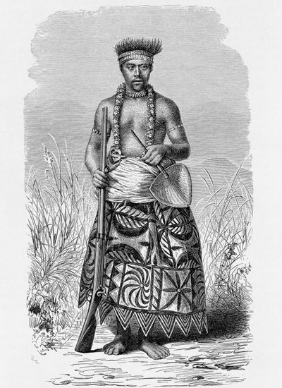 Samoalainen soturi tapa-asuissa, Prof. Friedrich Ratzelin The History of Mankind osasta 1, 1896 tekijältä English School