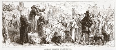 Samson Selling Indulgences, kuvitus James Aitken Wylien (1808-1890) Protestantismin historiasta, pub. 1878 tekijältä English School