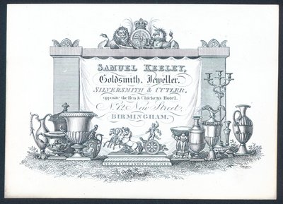 Samuel Keeley, Goldsmith, Jeweller, Silversmith & Cutler, kauppakortti tekijältä English School