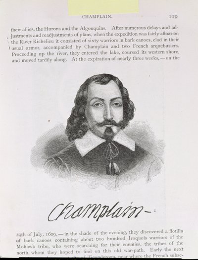 Samuel de Champlainin (n. 1567-1635) kuvitus julkaisun "Narrative and Critical History of America" IV osasta, 1886 tekijältä English School