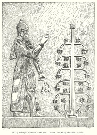 Sargon pyhän puun edessä. Louvre (kaiverrus) tekijältä English School