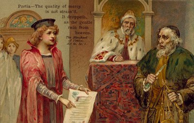 Kohtaus William Shakespearen Venetsian kauppias -teoksesta (värilitografia). tekijältä English School