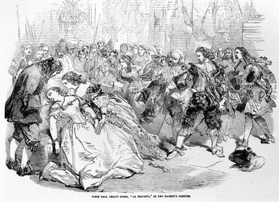 Kohtaus Verdin Opera La Traviatasta Hänen Majesteettinsa teatterissa, 1856 tekijältä English School