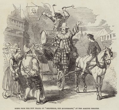 Kohtaus uudesta draamasta "Belhegor, Mountebank" Adelphi-teatterissa (kaiverrus) tekijältä English School