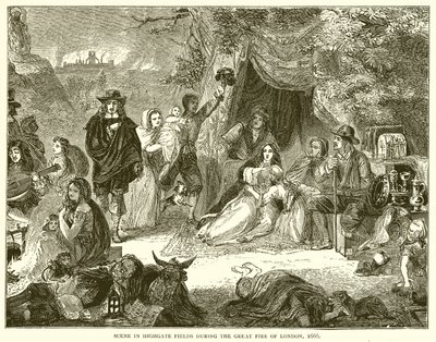 Kohtaus Highgate Fieldsissä Lontoon suuren tulipalon aikana, 1666 tekijältä English School