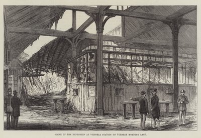 Räjähdyskohtaus Victorian asemalla tiistaiaamuna viimeisenä (kaiverrus) tekijältä English School
