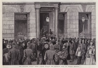 Kohtaus Birkbeck Bankin ulkopuolella Lontoossa rakennusyhteiskuntakriisin aikana vuonna 1892 (litho) tekijältä English School