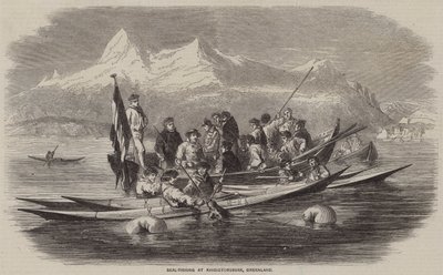 Hylkeen kalastus Kingigtorssuakissa, Grönlannissa (kaiverrus) tekijältä English School
