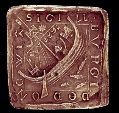 Dunwichin kaupungin sinetti Suffolkissa. Kuvassa on laiva kovassa merenkäynnissä, mikä viittaa todennäköisesti myrskyihin, jotka tuhosivat osan kaupungista vuosina 1286 ja 1347. 1300-luku. Pariisi, Kansallisarkisto tekijältä English School