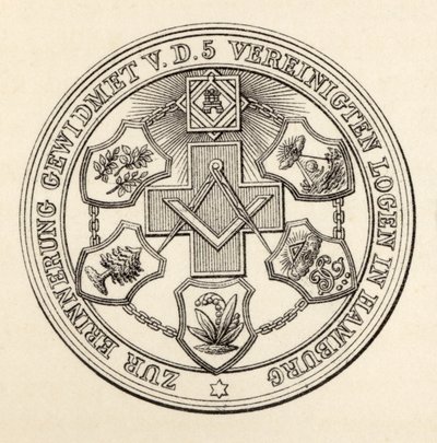 Hampurin vapaamuurarien sinetti, julkaisusta "The History of Freemasonry, osa III", julkaisija Thomas C. Jack, Lontoo, 1883 tekijältä English School