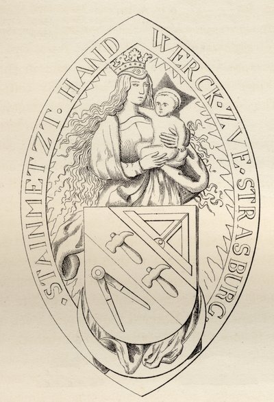 Strasbourgin vapaamuurareiden sinetti vuodelta 1524, teoksesta "The History of Freemasonry, volume II", julkaissut Thomas C. Jack, Lontoo, 1883. tekijältä English School