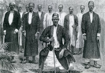Sekebobo Chagwen päällikkö, Mtesa Ugandan päällikkö, Chambarango ja Pokino pääministeri (kaiverrus) tekijältä English School