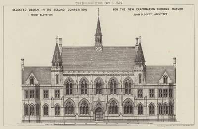 Valikoitu malli toisessa kilpailussa uusille koekouluille Oxford, Front Elevation (kaiverrus) tekijältä English School