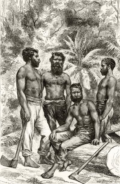 Puolisivistyneet Victorian aborigines, Howard Willoughbyn "Australian Pictures" -julkaisusta, julkaisija Religious Tract Society, Lontoo, 1886 tekijältä English School