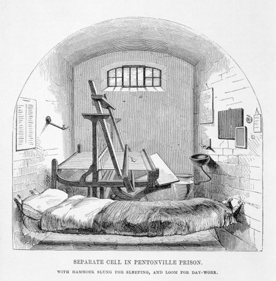 Erillinen selli Pentonvillen vankilassa, julkaisusta The Criminal Prisons of London and Scenes of Prison Life, kirjoittaneet Henry Mayhew (1812-87) ja John Binny, 1862 tekijältä English School