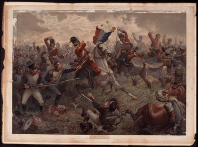 Kersantti Evert vangitsemassa ranskalaisia värejä Scots Graysin hyökkäyksen aikana Waterloon taistelussa, 18. kesäkuuta 1815, n. 1908 tekijältä English School