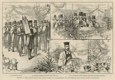 Jumalanpalvelus juutalaisessa synagogassa Bevis Marksissa Sir Moses Montefioren sadan vuoden muistoksi tekijältä English School