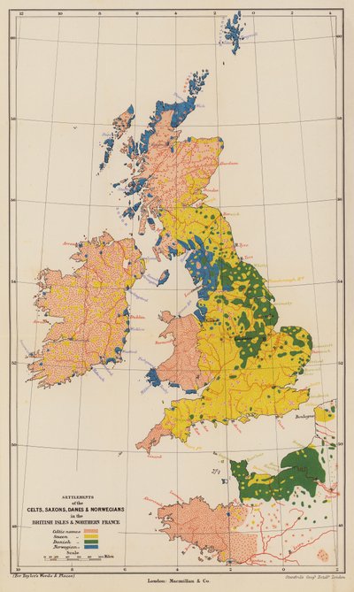 Brittein saarten ja Pohjois-Ranskan asutusnimet (värilitro) tekijältä English School