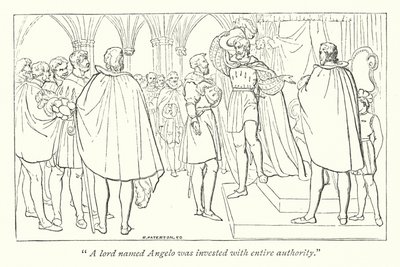 Shakespearen Measure for Measure; Angelo sijoitti herttualaisen auktoriteetin (kaiverrus) tekijältä English School