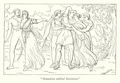Shakespearen Titus Andronicus; Demetrius, Tamoran yllytyksestä, murhaa Bassianuksen (kaiverrus) tekijältä English School