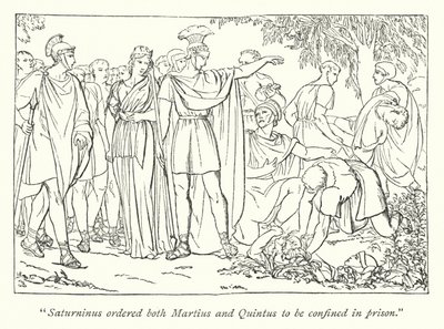 Shakespearen Titus Andronicus; Martius ja Quintus pidätettiin Bassianuksen murhasta (kaiverrus) tekijältä English School
