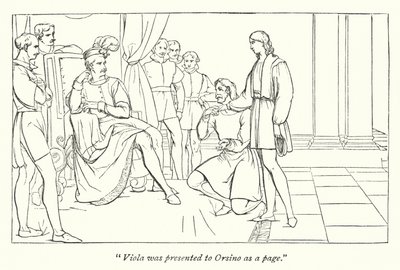 Shakespearen kahdestoista yö; kuvateksti, joka esittelee alttoviulua Orsinolle tekijältä English School