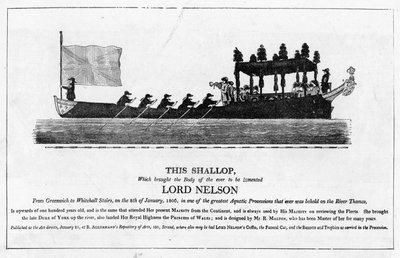 Shallop kantamassa Lord Nelsonin ruumista, 8. tammikuuta 1806 Greenwichistä Whitehall Stairsiin tekijältä English School