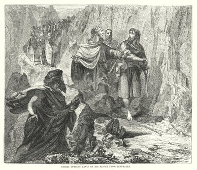 Shimei kiroilee Daavidia hänen lennossaan Jerusalemista (kaiverrus) tekijältä English School