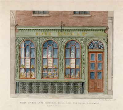 Edesmenneen Alderman Birchin kauppa lähellä Royal Exchangea. 1871 (wc paperilla) tekijältä English School