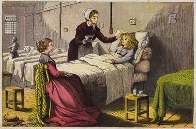 Sick little girl being cared for in hospital (coloured engraving) tekijältä English School