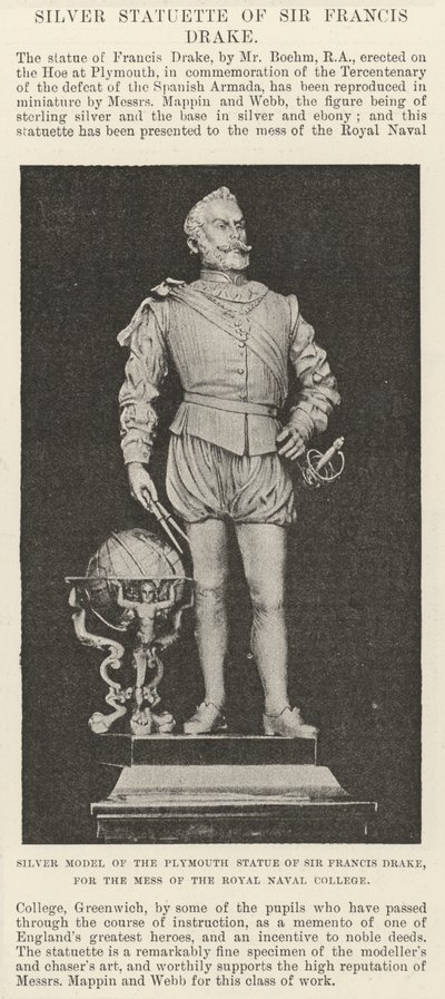 Sir Francis Draken Plymouth-patsaan hopeamalli Royal Naval Collegen sotkua varten (kaiverrus) tekijältä English School
