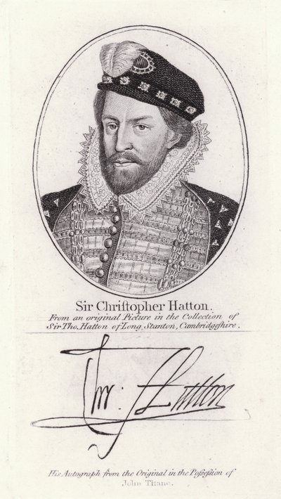 Sir Christopher Hatton, Englannin lordikansleri ja kuningatar Elizabeth I:n suosikki (kaiverrus) tekijältä English School