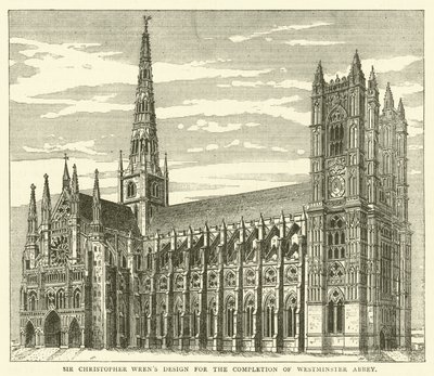 Sir Christopher Wrenin suunnittelu Westminster Abbeyn valmistumiselle (kaiverrus) tekijältä English School