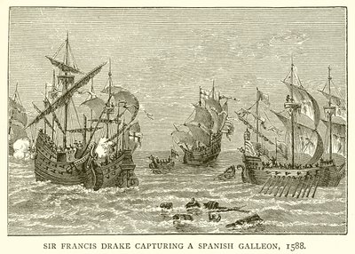Sir Francis Drake vangitsemassa espanjalaista galleonia, 1588 tekijältä English School