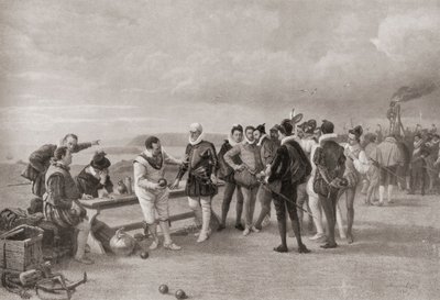 Sir Francis Drake pelaa kulhoja espanjalaisen Armadan kanssa Plymouth Hoessa Englannissa vuonna 1588. tekijältä English School