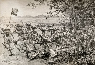 Sir Henry Morton Stanley ja hänen miehensä pääsevät vihdoin metsästä nurmikolle vuonna 1887 Emin Pashan Afrikkaan suuntautuneella apuretkellä. tekijältä English School
