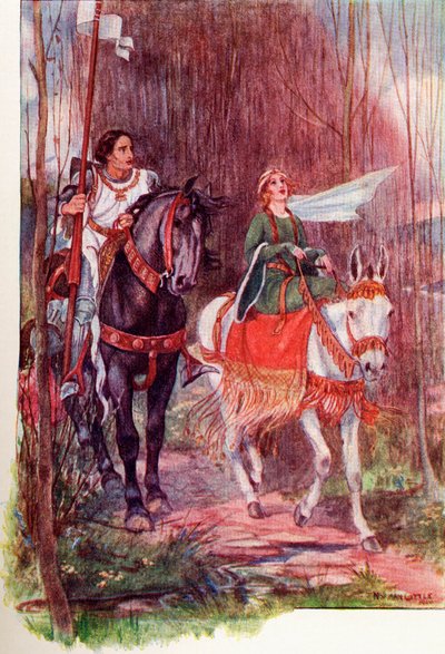 Sir Lancelot ja kuningatar Guinevere. Värillinen kuvitus kirjasta The Gateway to Tennyson, joka julkaistiin vuonna 1910. tekijältä English School