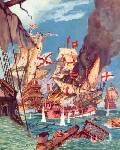 Sir Richard Grenville, Floresin taistelu (väri litho) tekijältä English School