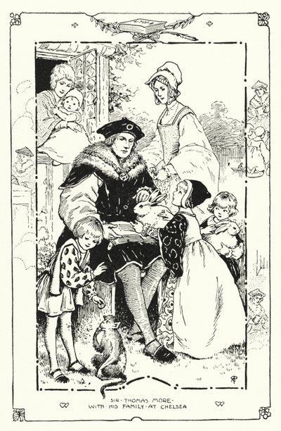 Sir Thomas More perheensä kanssa Chelseassa (litho) tekijältä English School