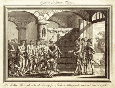 Sir Walter Raleigh vapauttaa viisi Intian kuningasta, jotka olivat kaikki sidoksissa toisiinsa (kaiverrus). tekijältä English School