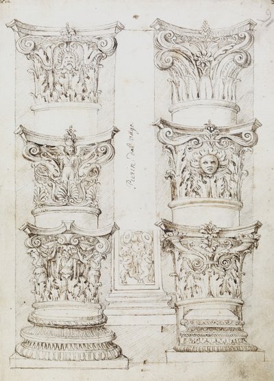 Six Capitals, a Lesene ja Two Column Bases, Folio 1, The Master of the Oxford Album, n. 1512-1717 (kynä ja tummanruskea muste) tekijältä English School