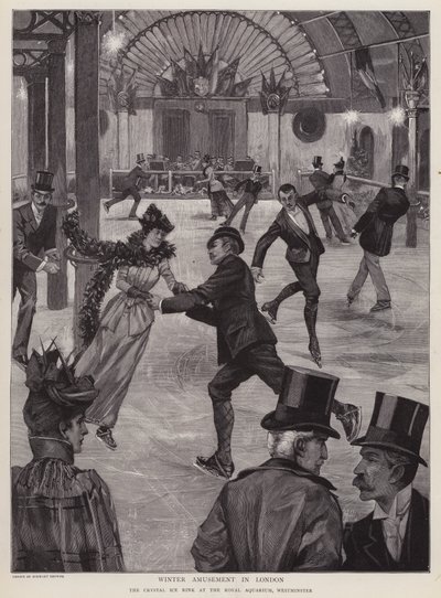 Luistelu Crystal-jääradalla Royal Aquariumissa, Westminster, Lontoo (litho) tekijältä English School