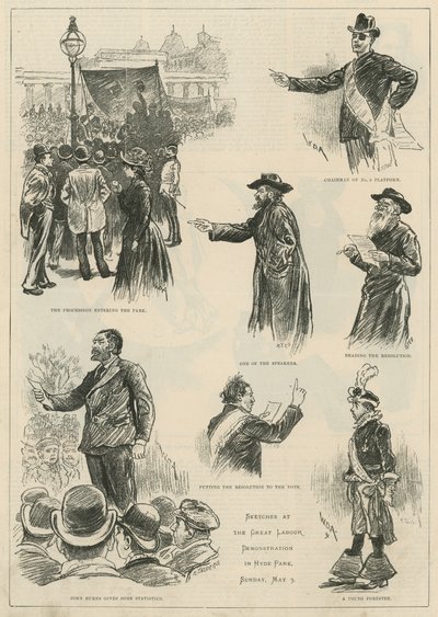Luonnoksia suuressa Labour-mielenosoituksissa Hyde Parkissa sunnuntaina 3. toukokuuta 1891 tekijältä English School