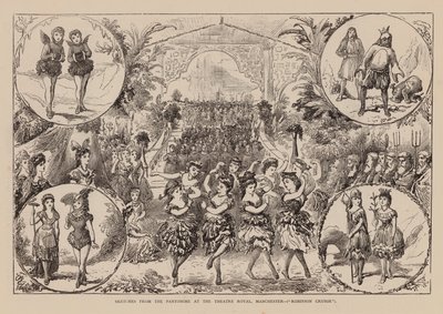 Luonnoksia Manchesterin kuninkaallisen teatterin pantomiimista, Robinson Crusoe (kaiverrus). tekijältä English School